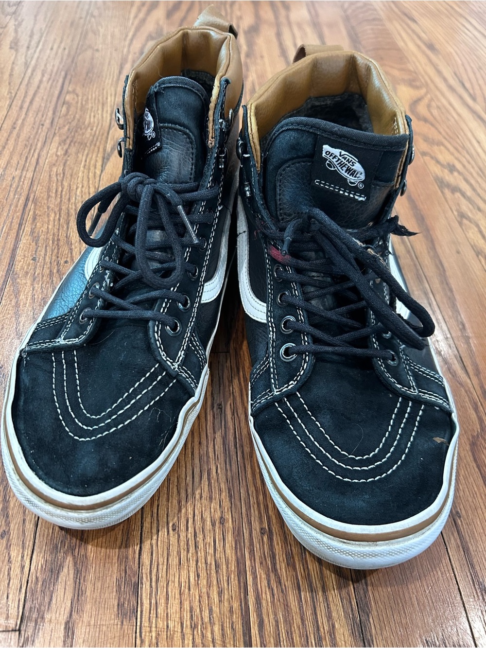 Vans Black & White High Top Skate Shoes with Tan Collar